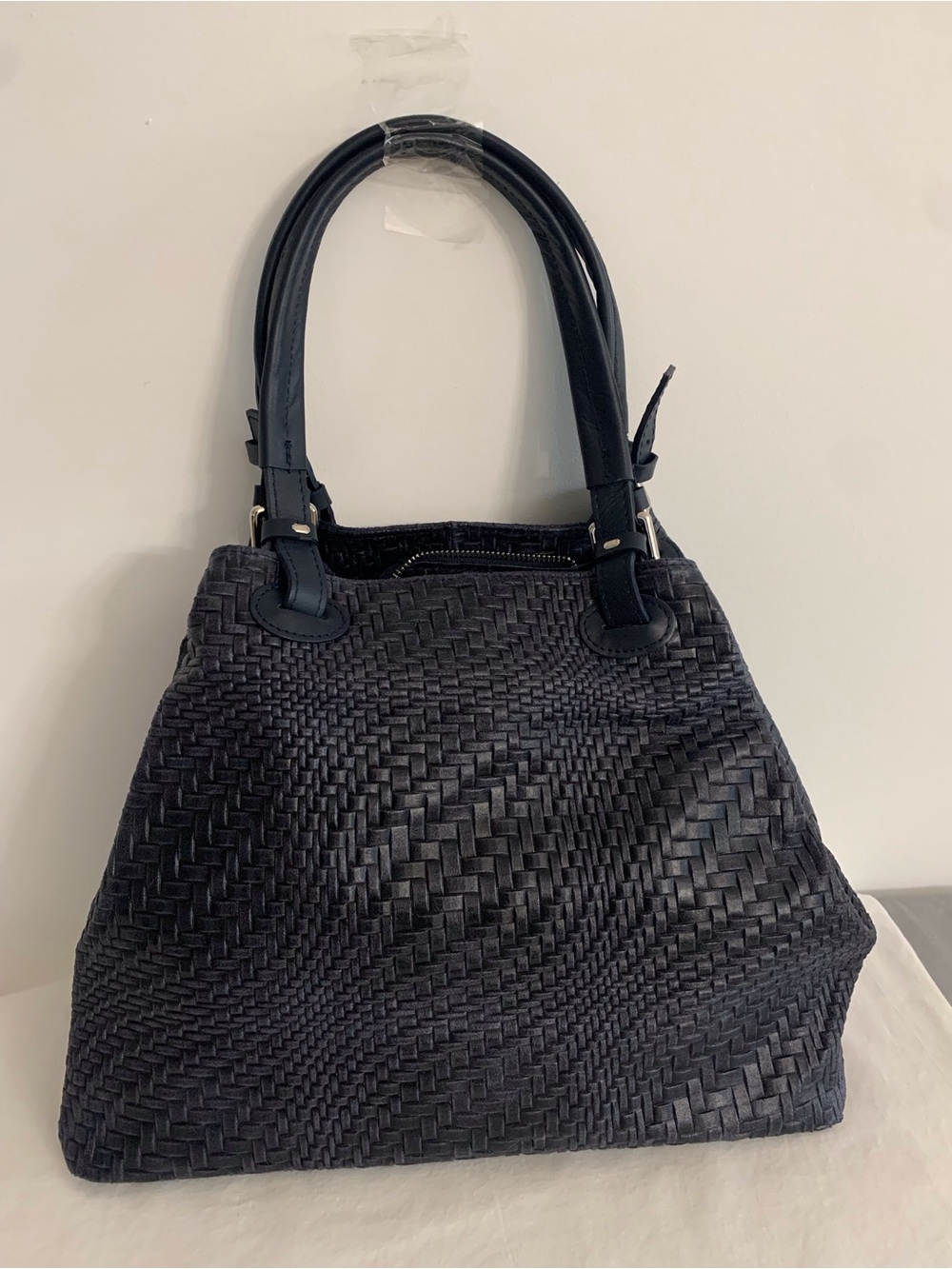Navy Blue Italian Leather Two-way Weaved Bag (Bottega Veneta Style)